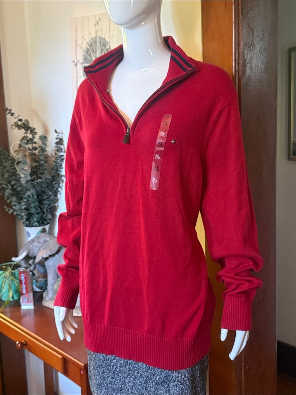 NEW Tommy Hilfiger size XL Red Quarter-Zip mens cotton Sweater